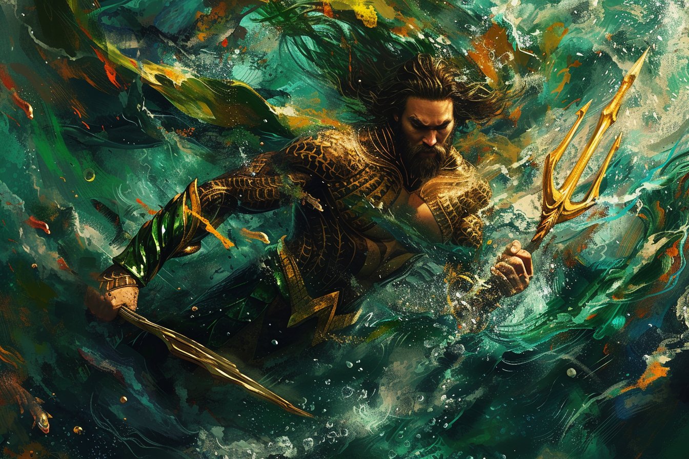 Portrait of Aquaman emerging from the ocean depths with marine life around], in the style of nightmarish illustrations, fantasy art, Noah Bradley, dark sea green and dark gold trident, intricate illustrations, swirling colors, solarizing master, vibrant colors