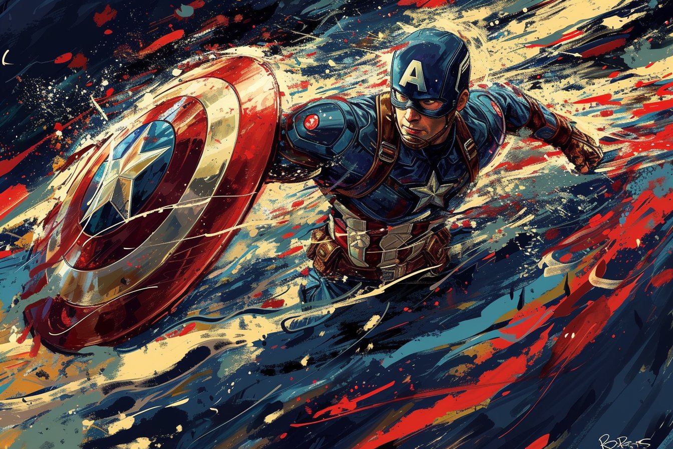 Portrait of Captain America bravely leading a charge with his shield forward, in the style of nightmarish illustrations, fantasy art, Noah Bradley, dark navy blue and dark red & white shield, intricate illustrations, swirling colors, solarizing master, vibrant colors