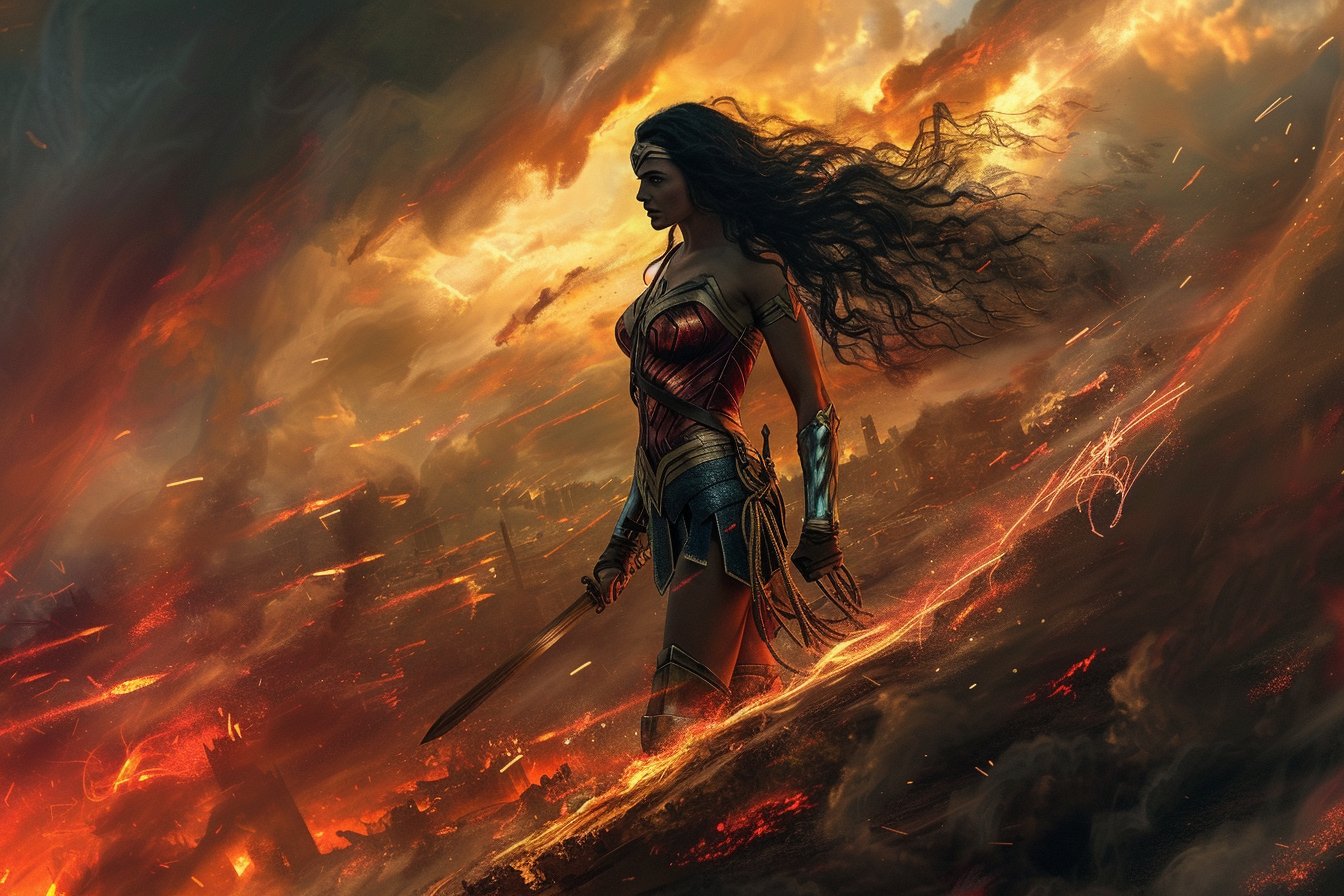 Portrait of Wonder Woman standing valiantly atop a war-torn battlefield, in the style of nightmarish illustrations, fantasy art, Noah Bradley, dark armor gray and dark gold, intricate illustrations, swirling colors, solarizing master, vibrant colors