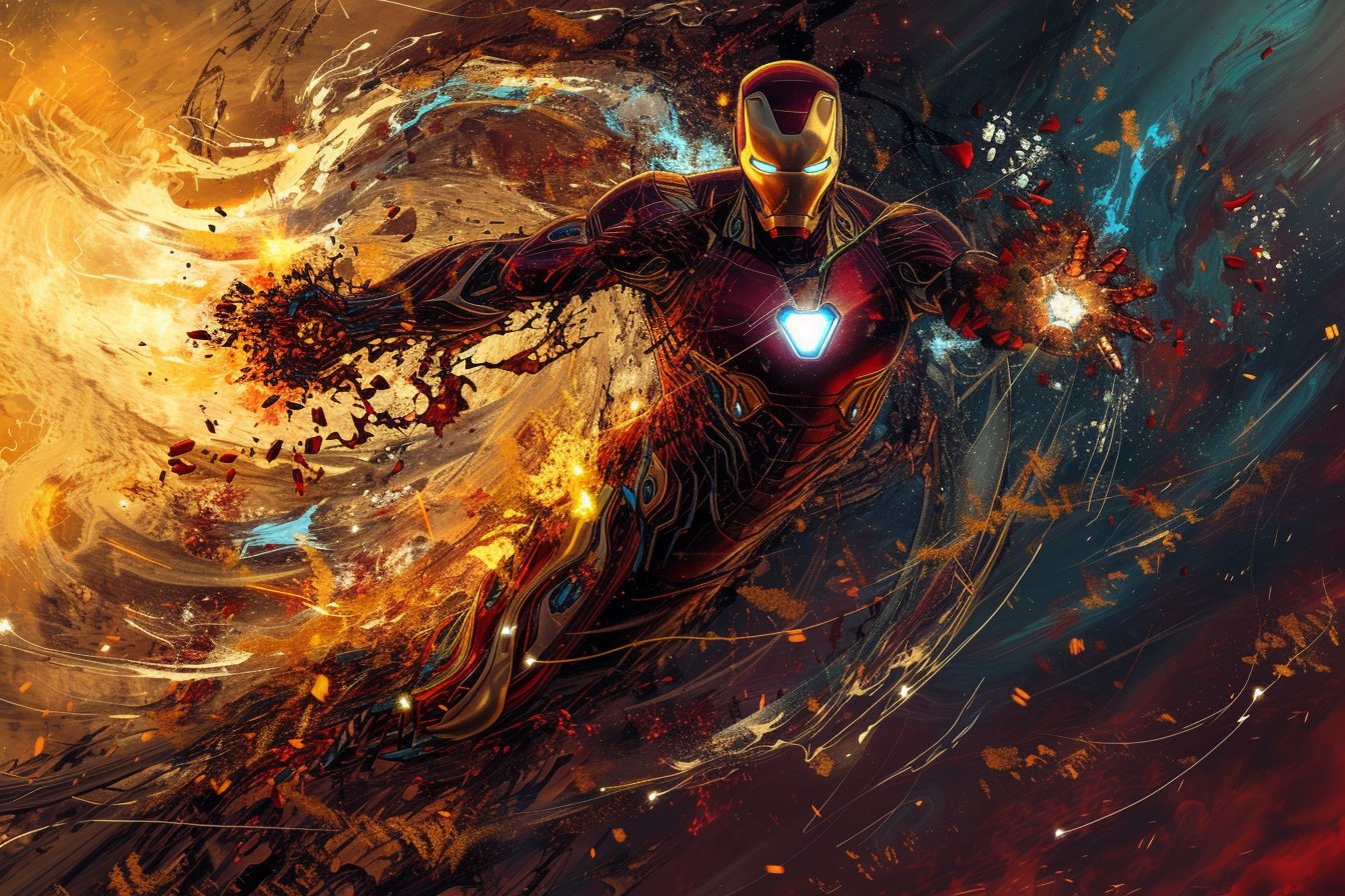 Portrait of Iron Man in mid-battle against an army of drones, in the style of nightmarish illustrations, fantasy art, Noah Bradley, dark metallic red and dark gold, intricate illustrations, swirling colors, solarizing master, vibrant colors